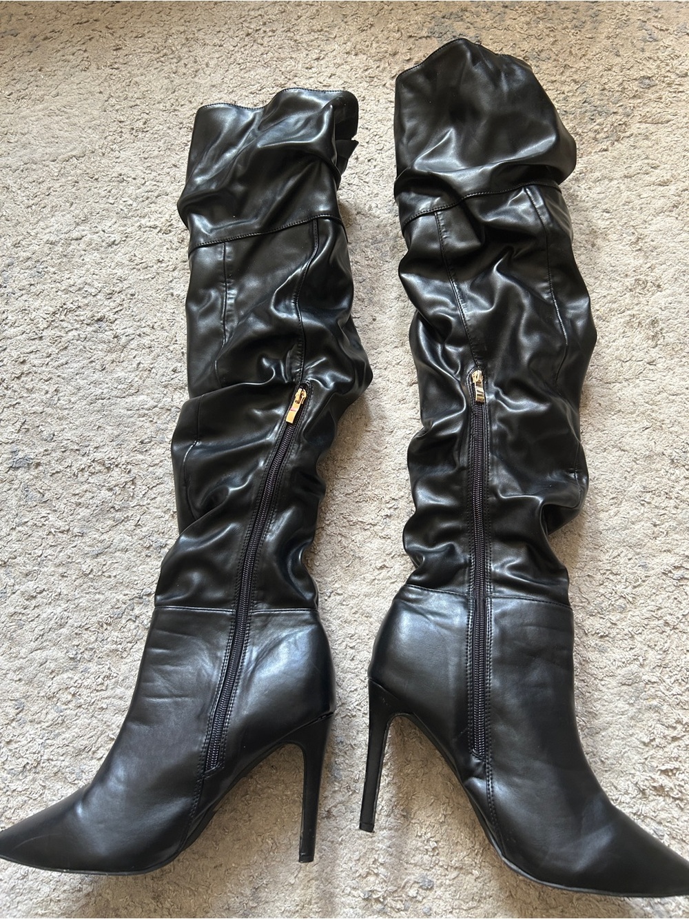 Black Over-the-Knee Ruched Stiletto Boots with Side Zip